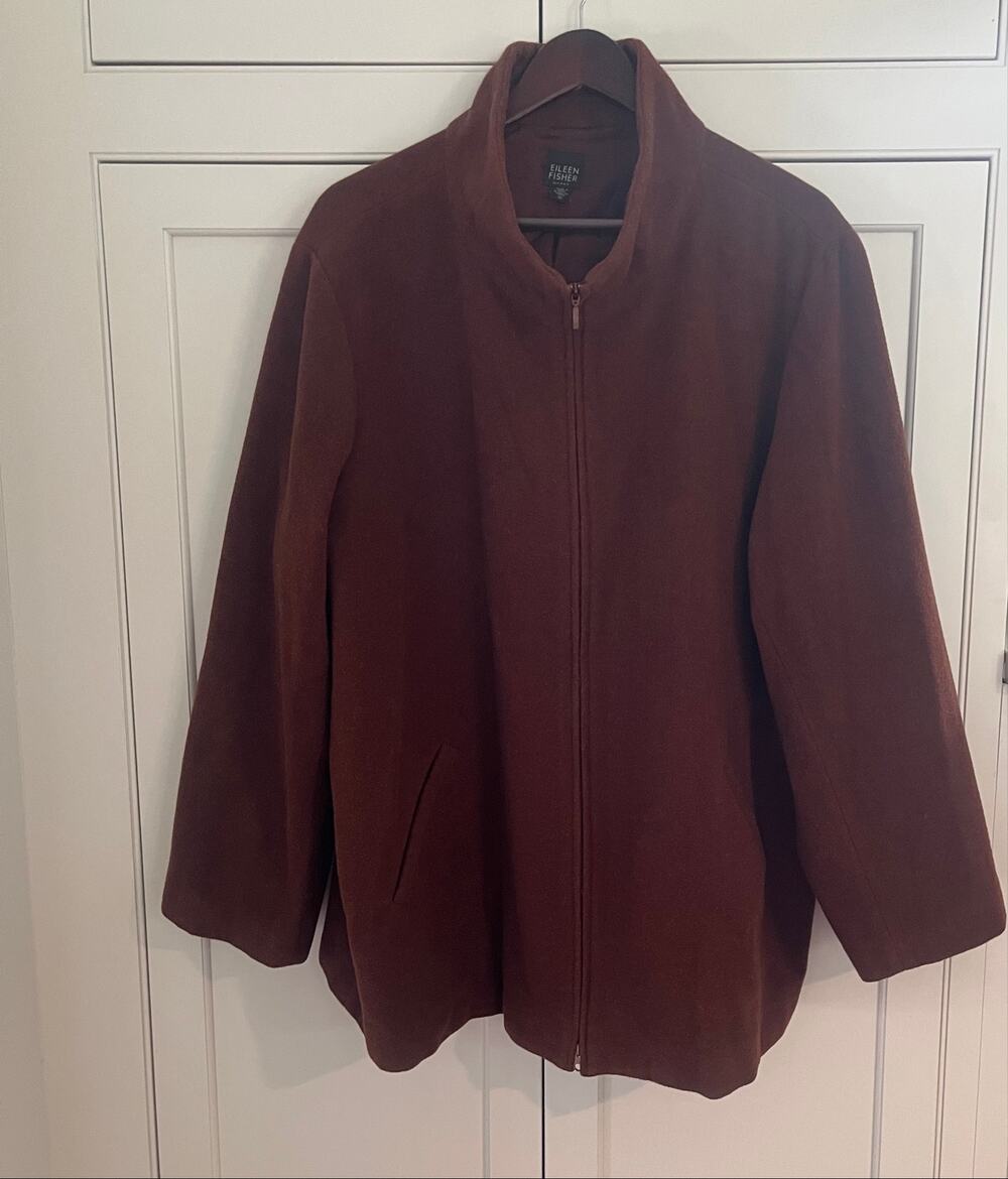 Eileen Fisher Sz.2X 100% Wool Jacket Zip Front Brown Pockets Mock Neck Coat